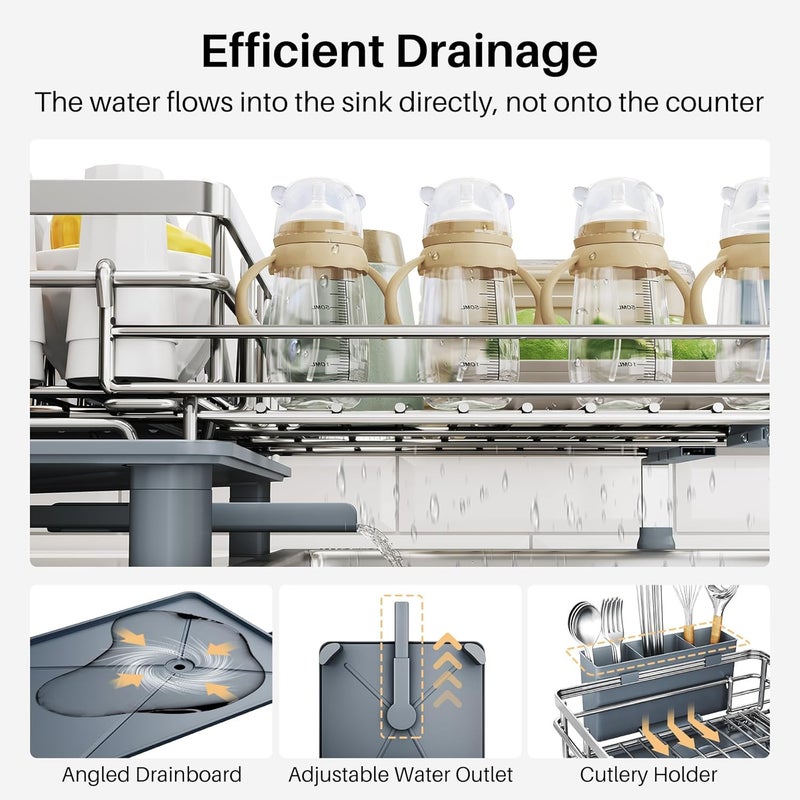 SNTD Dish Drying Rack - Extendable Dish Rack, Large Sink Drying Dish Drainer for Kitchen Counter, Stainless Steel Dish Strainer with Utensil Holder (Silver) - Image 5